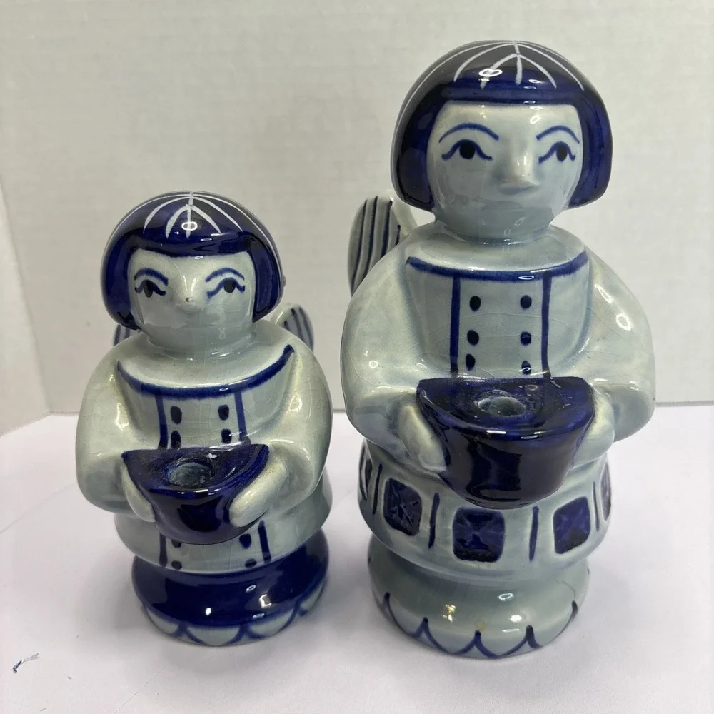 Pair Of Gzhel Russia Blue & White Porcelain Angel Candle Holder 5